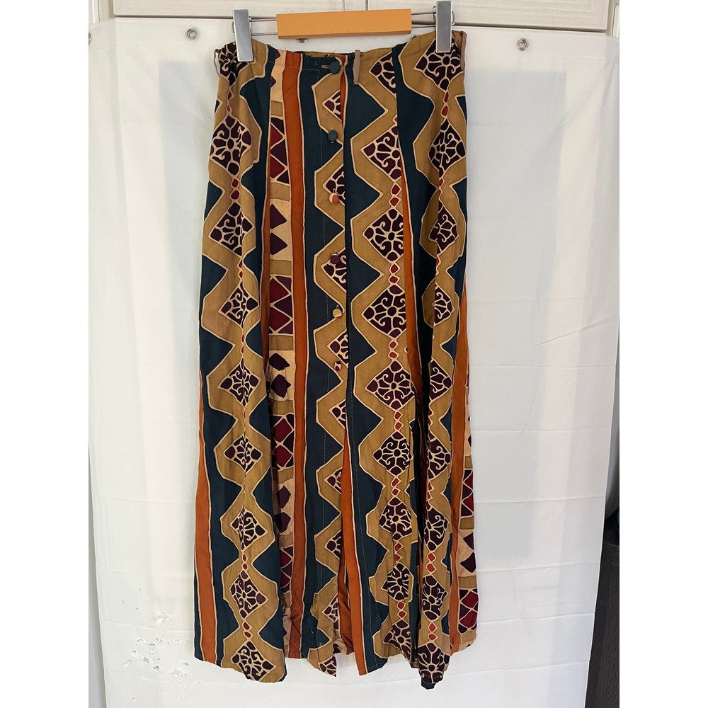Vintage Handmade Geometric Tribal Print Button Front Maxi Skirt Ochre Burgundy
